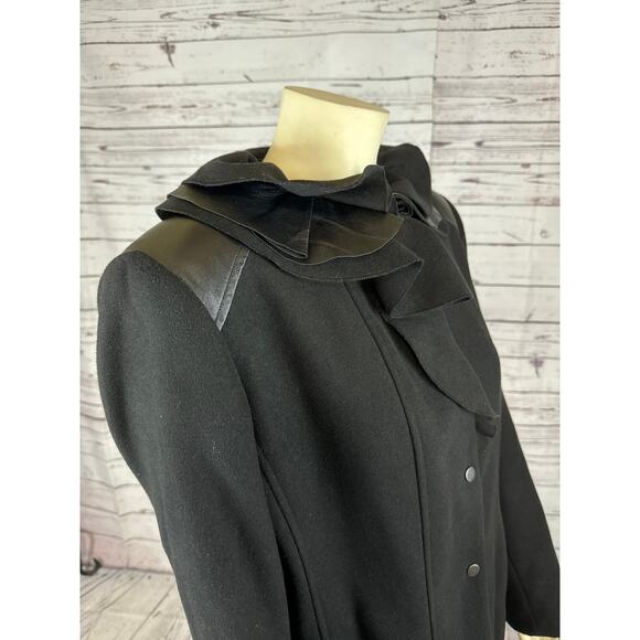 Elie Tahari 100% Wool Black Fitted Layered Leather Ruffle Collar Coat size XL - Picture 9 of 12